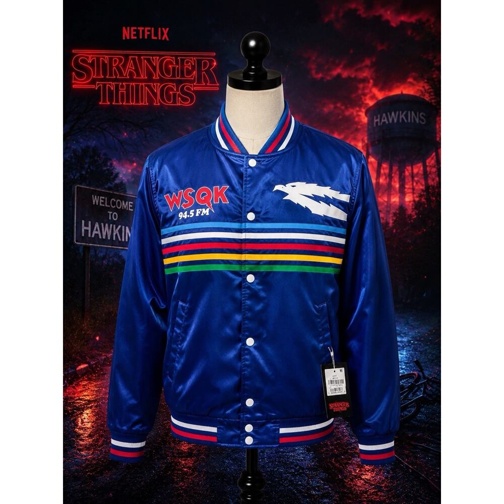 Stranger Things WSQK 94.5 FM Satin Jacket Mens Large Blue Snap Front NWT